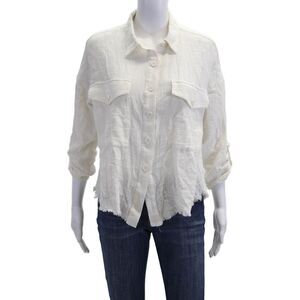 Decker Women Boho Cotton Collared Button-Up Blouse White 3/4 Sleeve Size S